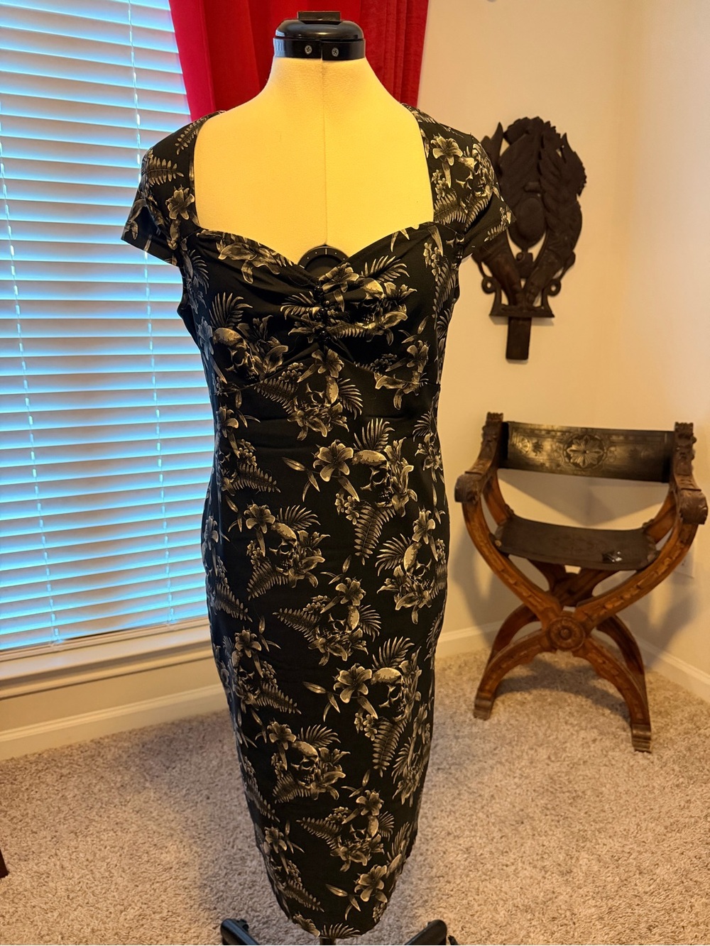 Killstar Black Midi Skull Hawaiian Dress with Ivory Floral Print